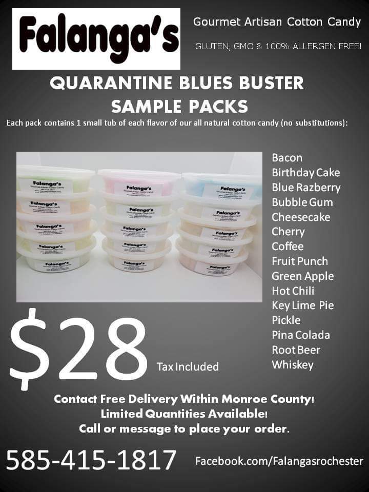 Falanga's Quarantine Blues Buster Sample Packs flyer with sample tubs of cotton candy